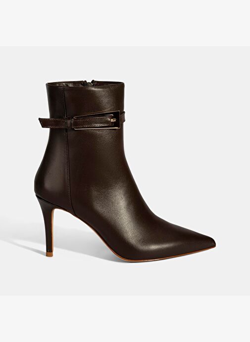 Kadın Kahve Sivri Burunlu İnce Topuklu Deri Bot - Görsel 3