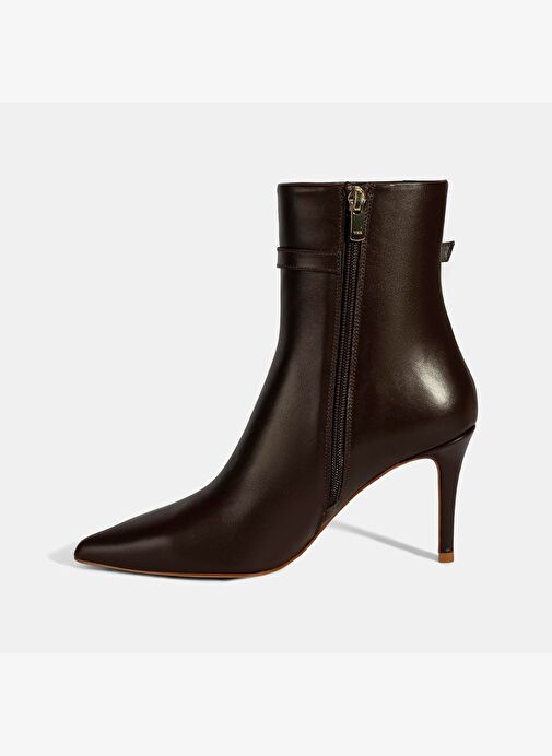 Kadın Kahve Sivri Burunlu İnce Topuklu Deri Bot - Görsel 4