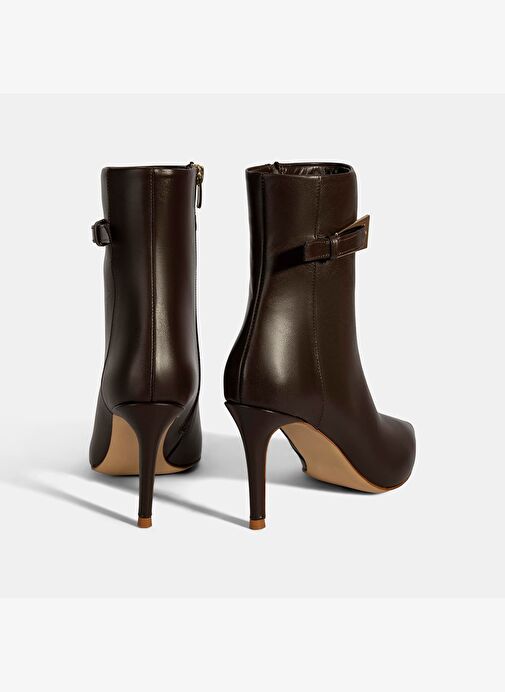 Kadın Kahve Sivri Burunlu İnce Topuklu Deri Bot - Görsel 9