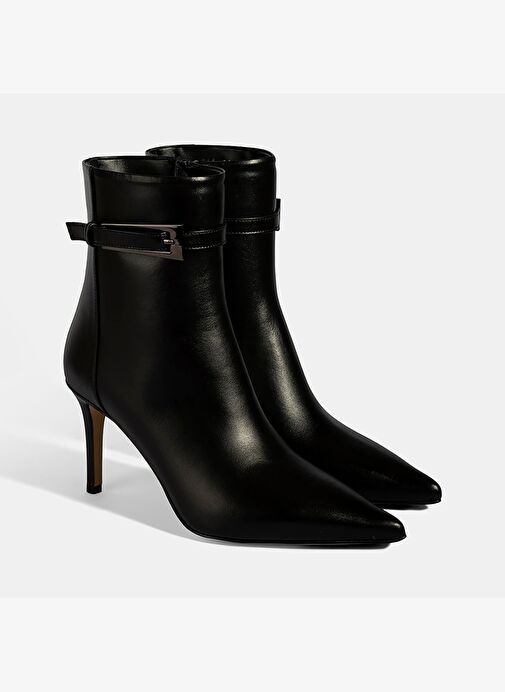 Kadın Siyah Sivri Burunlu İnce Topuklu Deri Bot - Görsel 2