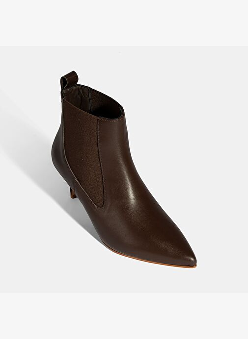 Kadın Kahve Lastikli Sivri Burunlu İnce Topuklu Deri Bot - Görsel 6