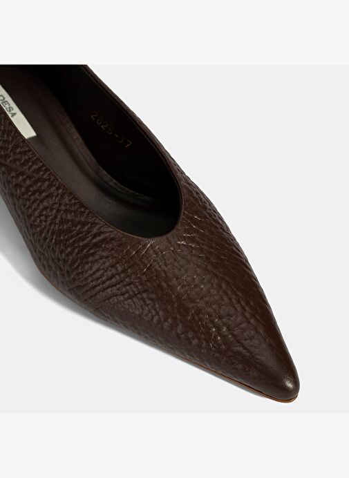 Kadın Kahve İnce Kısa Topuklu Deri Ayakkabı - Görsel 7