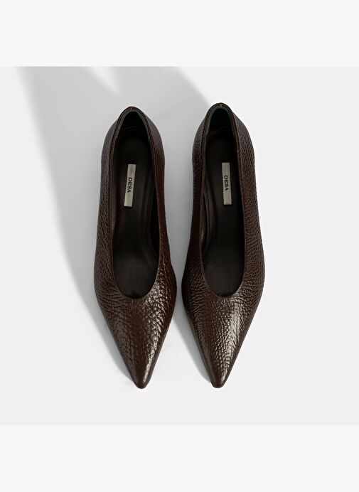 Kadın Kahve İnce Kısa Topuklu Deri Ayakkabı - Görsel 8