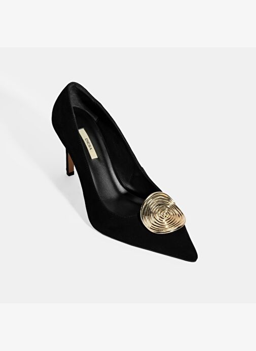 Kadın Siyah Gold Toka Detaylı Süet Topuklu Ayakkabı - Görsel 6