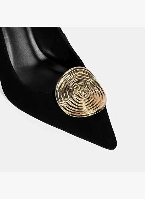 Kadın Siyah Gold Toka Detaylı Süet Topuklu Ayakkabı - Görsel 7