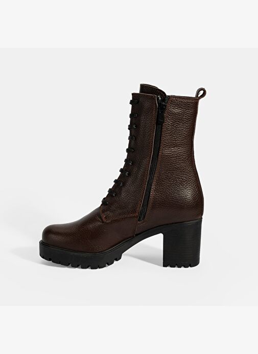 Kadın Kahve Bağcıklı Kalın Topuklu Deri Bot - Görsel 4