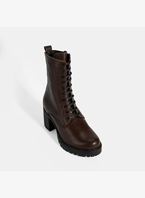 Kadın Kahve Bağcıklı Kalın Topuklu Deri Bot - Görsel 6