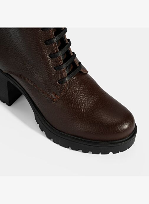 Kadın Kahve Bağcıklı Kalın Topuklu Deri Bot - Görsel 7