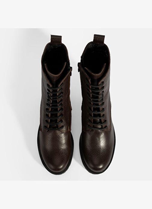 Kadın Kahve Bağcıklı Kalın Topuklu Deri Bot - Görsel 8