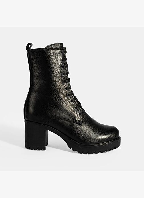 Kadın Siyah Bağcıklı Kalın Topuklu Deri Bot - Görsel 3