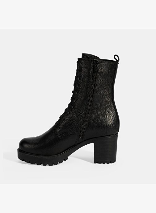 Kadın Siyah Bağcıklı Kalın Topuklu Deri Bot - Görsel 5