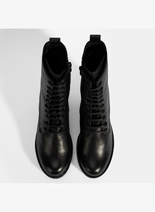 Kadın Siyah Bağcıklı Kalın Topuklu Deri Bot - Görsel 9