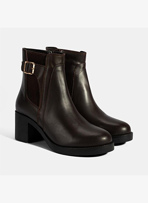 Kadın Kahve Metal Toka Detaylı Topuklu Deri Bot - Görsel 2