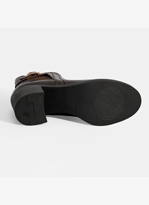 Kadın Kahve Metal Toka Detaylı Topuklu Deri Bot - Görsel 5