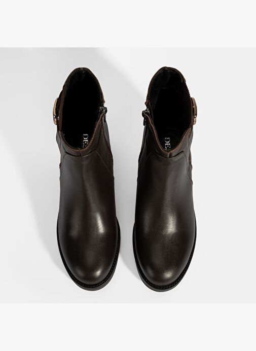 Kadın Kahve Metal Toka Detaylı Topuklu Deri Bot - Görsel 8