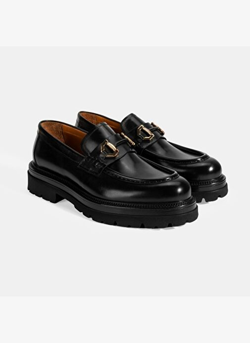 Erkek Siyah Metal Toka Detaylı Deri Loafer - Görsel 2