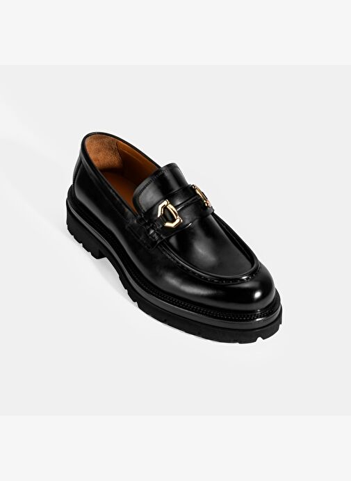 Erkek Siyah Metal Toka Detaylı Deri Loafer - Görsel 6