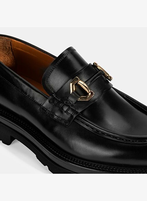 Erkek Siyah Metal Toka Detaylı Deri Loafer - Görsel 7