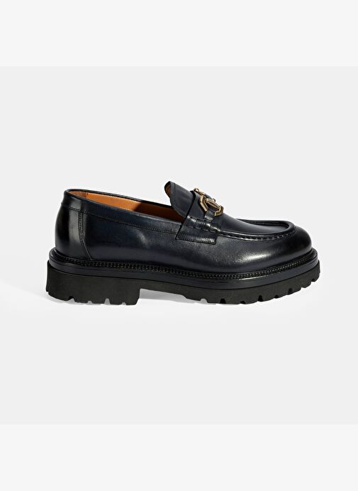 Erkek Lacivert Metal Toka Detaylı Deri Loafer - Görsel 3