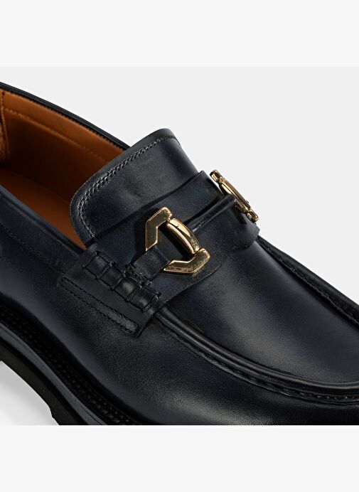 Erkek Lacivert Metal Toka Detaylı Deri Loafer - Görsel 7