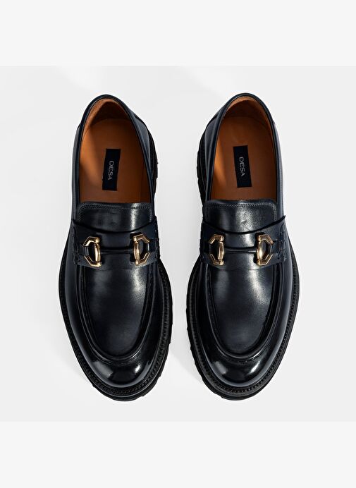 Erkek Lacivert Metal Toka Detaylı Deri Loafer - Görsel 8