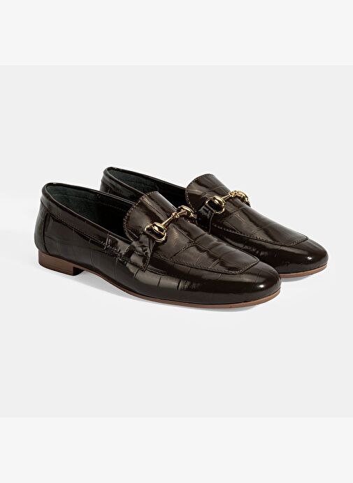 Kadın Kahve Kroko Baskılı Toka Detaylı Deri Loafer - Görsel 2