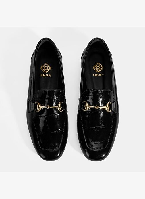 Kadın Siyah Kroko Baskılı Toka Detaylı Deri Loafer - Görsel 8