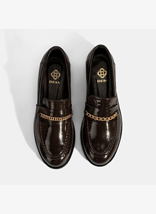Kadın Kahve Zincir Aksesuarlı Deri Loafer - Görsel 8