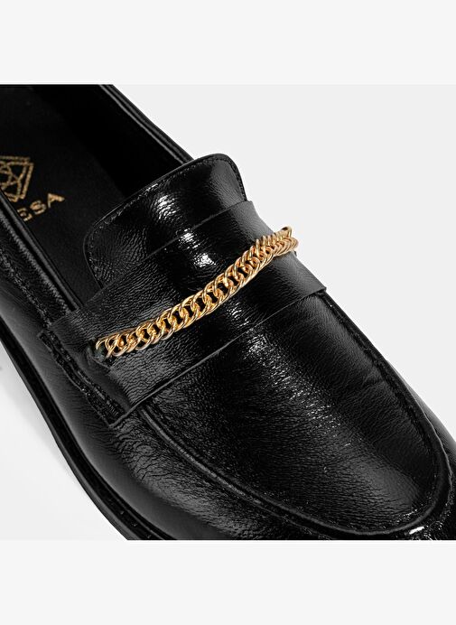 Kadın Siyah Zincir Aksesuarlı Deri Loafer - Görsel 7