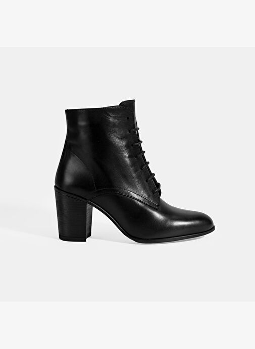 Kadın Siyah Bağcıklı Kalın Topuklu Deri Bot - Görsel 3