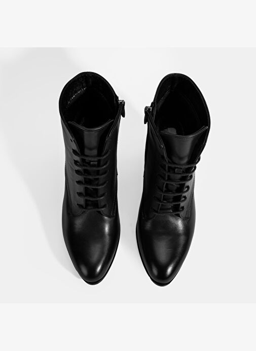 Kadın Siyah Bağcıklı Kalın Topuklu Deri Bot - Görsel 5