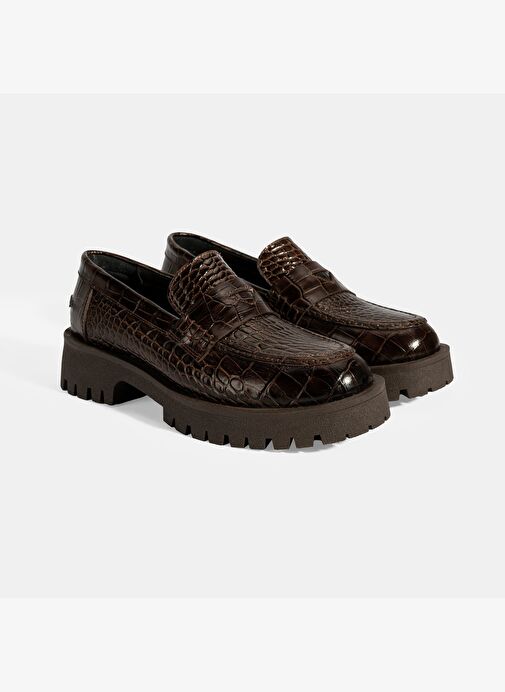 Kadın Kahve Kroko Basklı Deri Loafer - Görsel 2