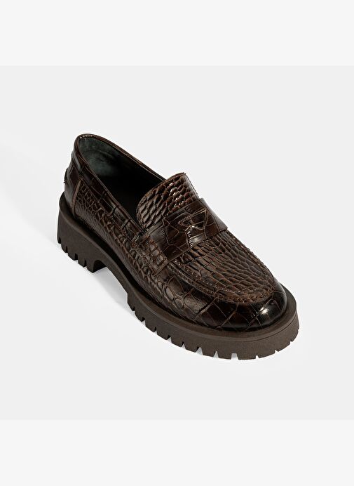 Kadın Kahve Kroko Basklı Deri Loafer - Görsel 6