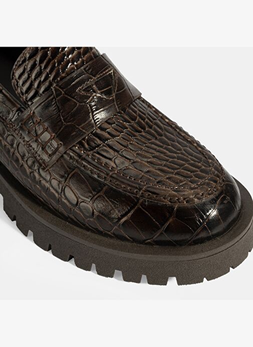 Kadın Kahve Kroko Basklı Deri Loafer - Görsel 7
