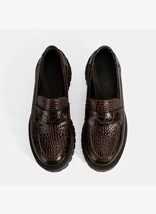 Kadın Kahve Kroko Basklı Deri Loafer - Görsel 8