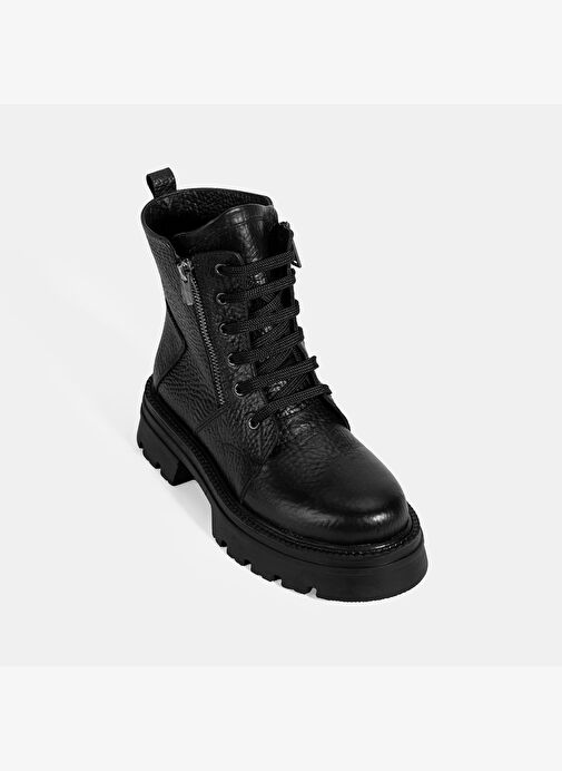 Kadın Siyah Bağcıklı Deri Postal Bot - Görsel 6