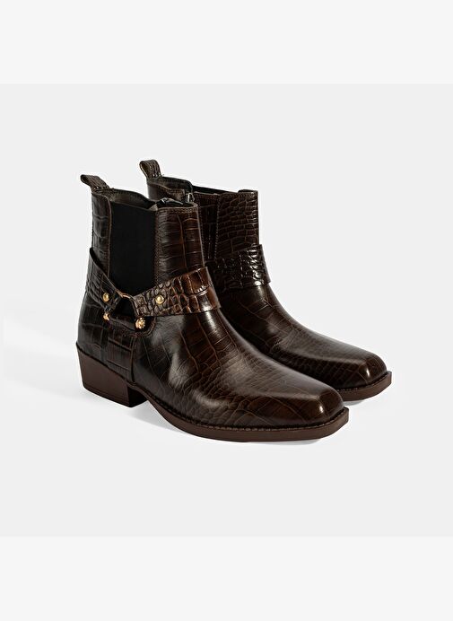 Kadın Kahve Kroko Baskılı Lastik Detaylı Deri Bot - Görsel 2