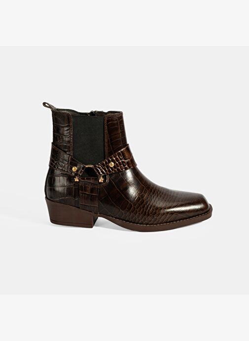 Kadın Kahve Kroko Baskılı Lastik Detaylı Deri Bot - Görsel 3