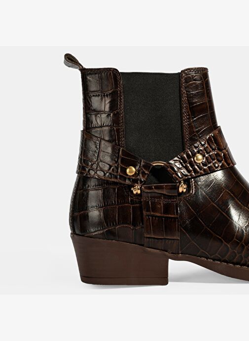 Kadın Kahve Kroko Baskılı Lastik Detaylı Deri Bot - Görsel 7