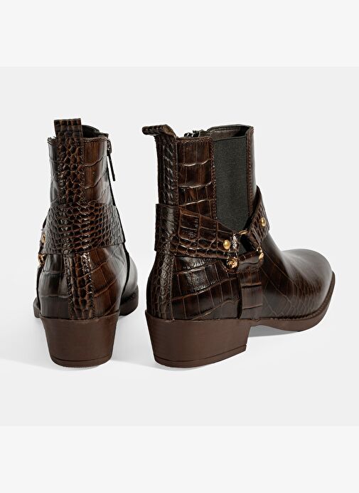 Kadın Kahve Kroko Baskılı Lastik Detaylı Deri Bot - Görsel 9