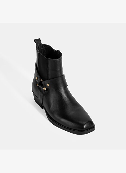 Kadın Siyah Lastik Detaylı Deri Bot - Görsel 6
