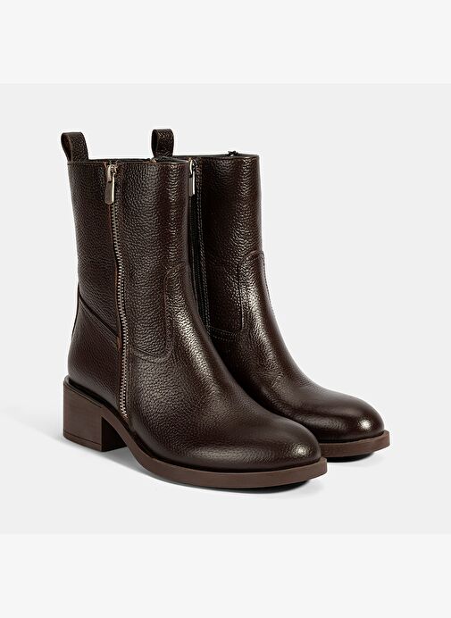 Kadın Kahve Fermuarlı Deri Topuklu Bot - Görsel 2