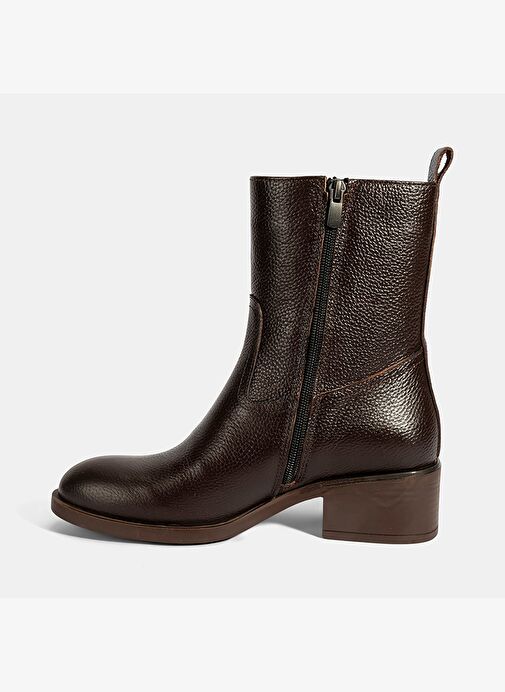 Kadın Kahve Fermuarlı Deri Topuklu Bot - Görsel 4