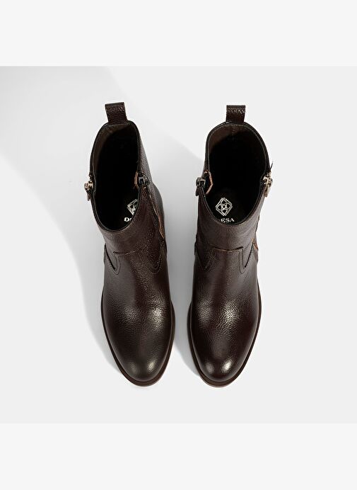 Kadın Kahve Fermuarlı Deri Topuklu Bot - Görsel 8