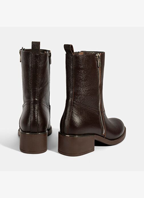 Kadın Kahve Fermuarlı Deri Topuklu Bot - Görsel 9