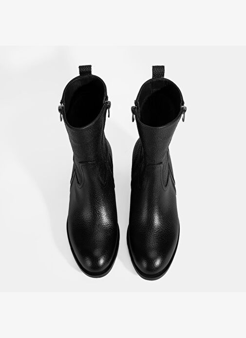 Kadın Siyah Fermuarlı Deri Topuklu Bot - Görsel 9