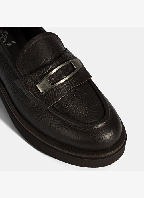 Kadın Kahve Toka Aksesuarlı Kalın Tabanlı Deri Loafer - Görsel 7