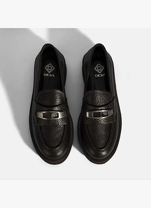 Kadın Kahve Toka Aksesuarlı Kalın Tabanlı Deri Loafer - Görsel 8