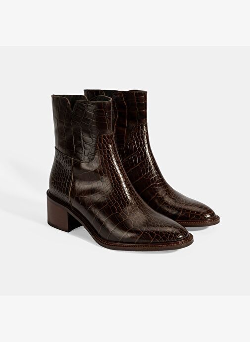Kadın Kahve Kroko Baskılı Fermuarlı Deri Topuklu Bot - Görsel 2
