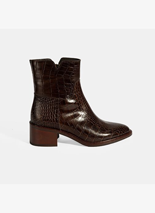 Kadın Kahve Kroko Baskılı Fermuarlı Deri Topuklu Bot - Görsel 3